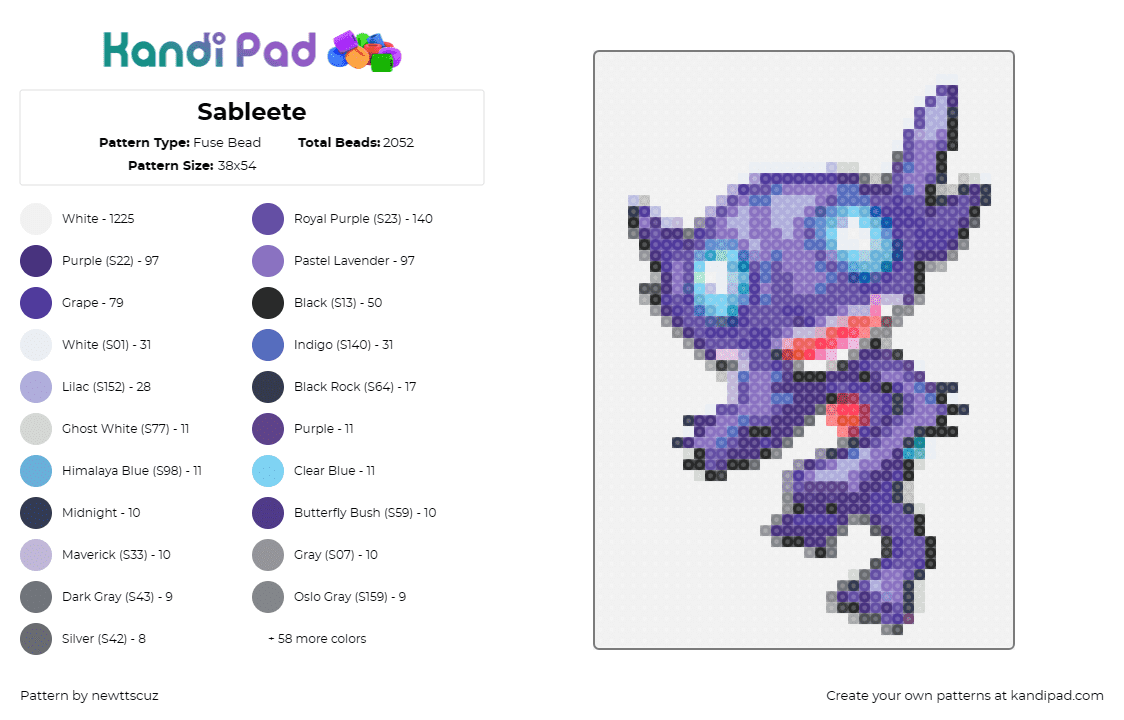 Sableete - Fuse Bead Pattern by newttscuz on Kandi Pad - sableye,pokemon,fantasy,mystical,enchanting,purple,playful