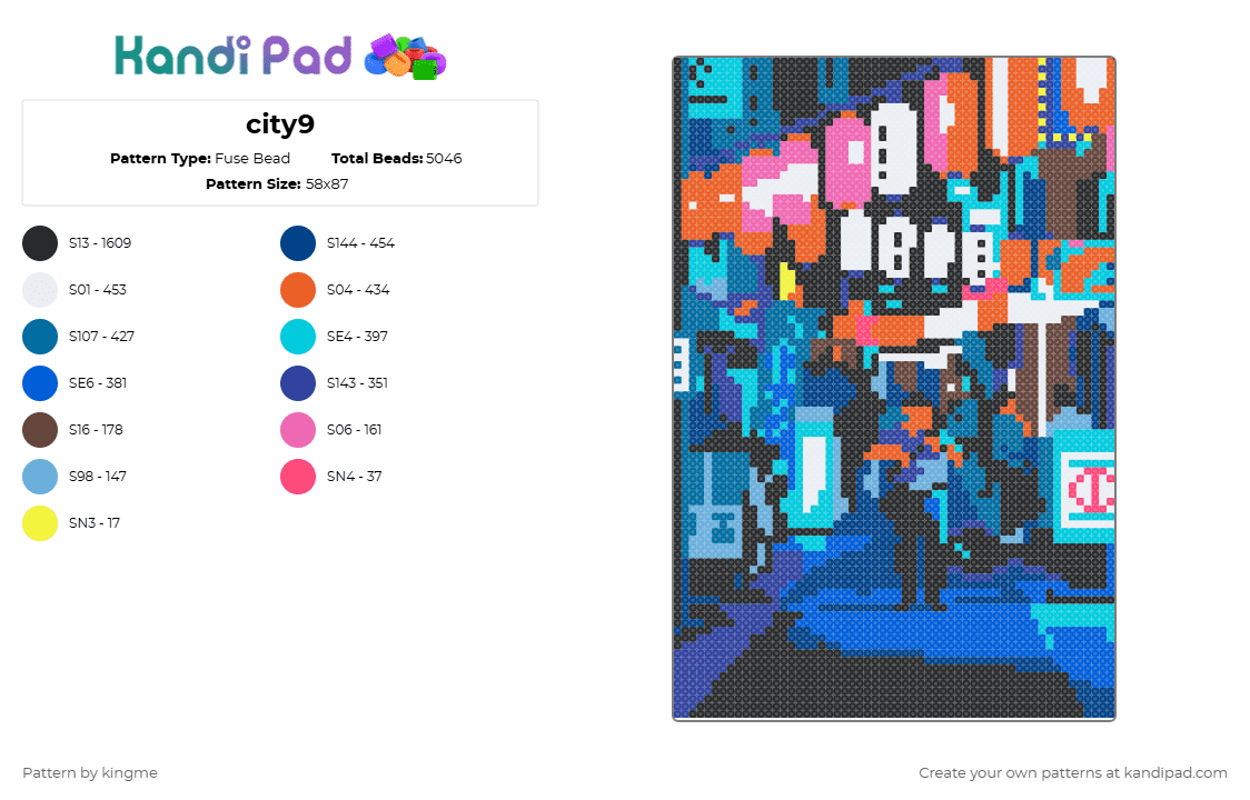 city9 - Fuse Bead Pattern by kingme on Kandi Pad - blue,light blue,purple,orange,city,neon,tokyo,canvas,painting,night,cyberpunk