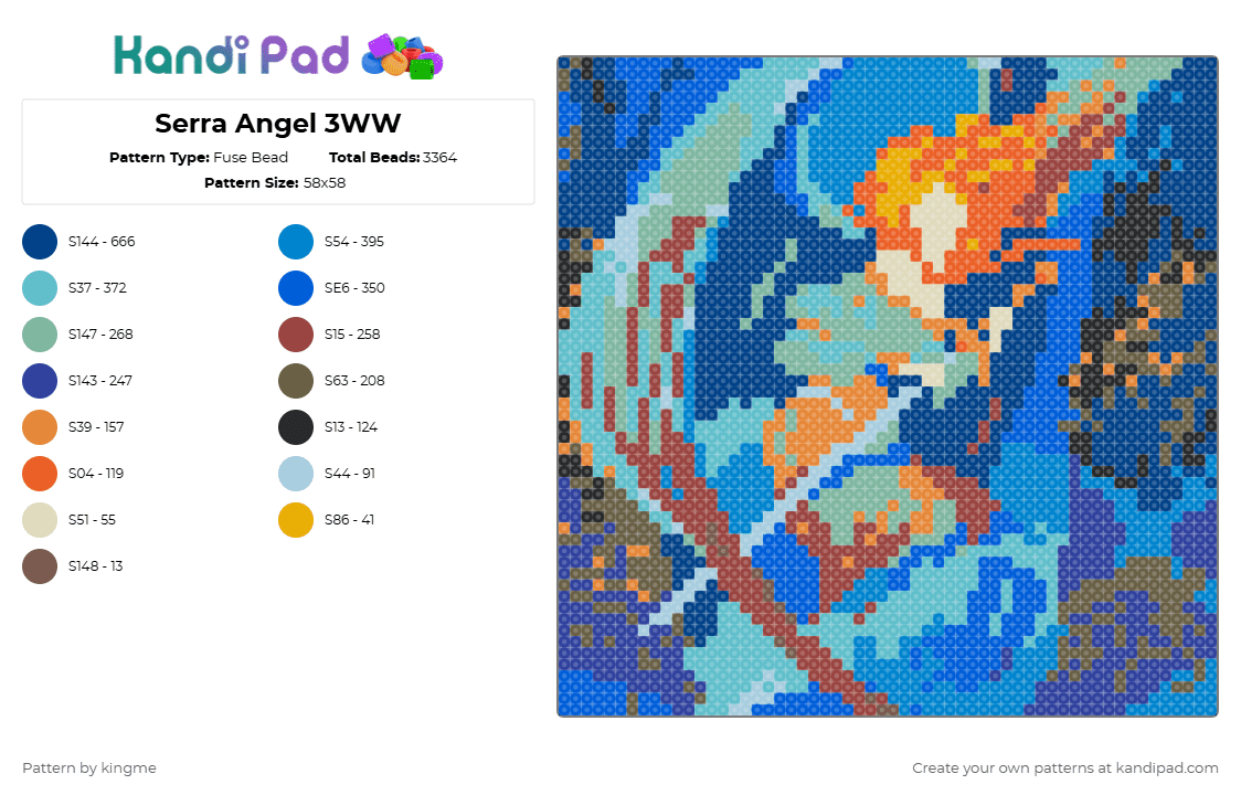 Serra Angel 3WW - Fuse Bead Pattern by kingme on Kandi Pad - teal,blue,mtg,magic,magic the gathering,angel,portrait,canvas,colorful,space