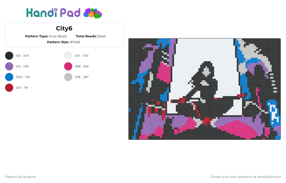 City6 - Fuse Bead Pattern by kingme on Kandi Pad - black,pink,city,neon,tokyo,canvas,art,person,cat,night
