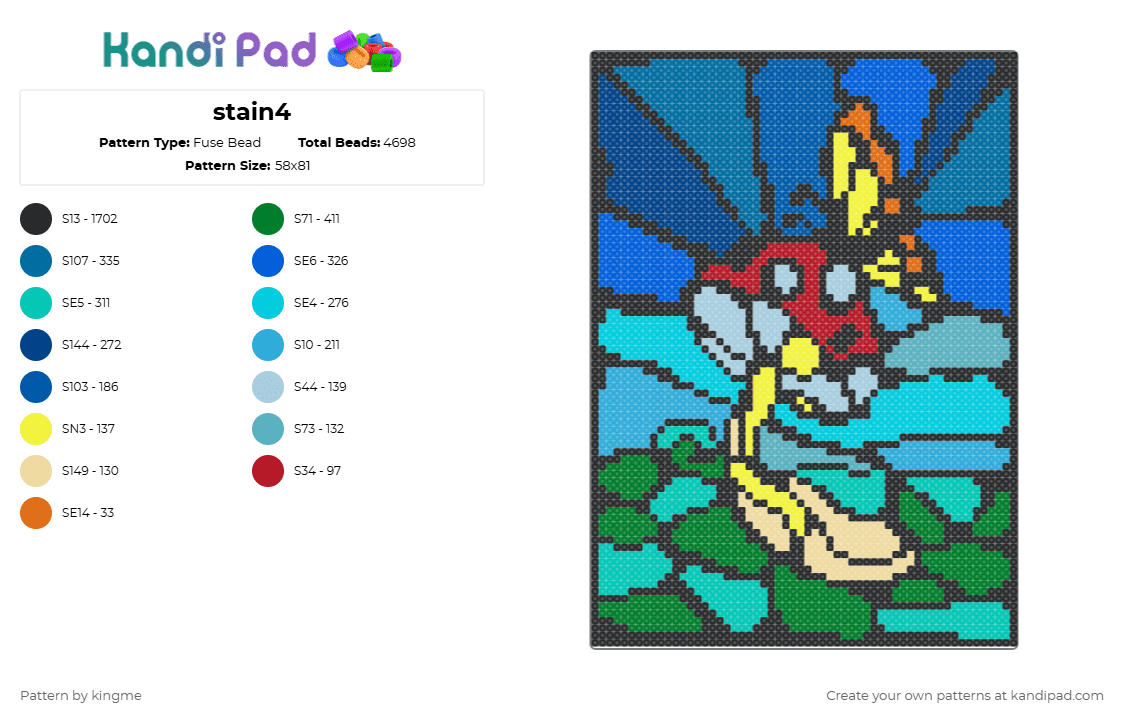 Stain4 - Fuse Bead Pattern by kingme on Kandi Pad - blue,light blue,teal,green,stained,glass,colorful,multicolored,nature,mushroom,butterfly,bug