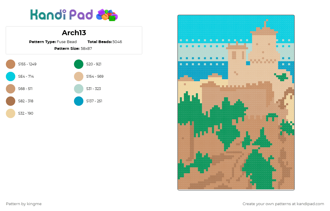 Arch13 - Fuse Bead Pattern by kingme on Kandi Pad - tan,beige,light blue,castle,stone,building,nature,architecture,sky,trees,canvas