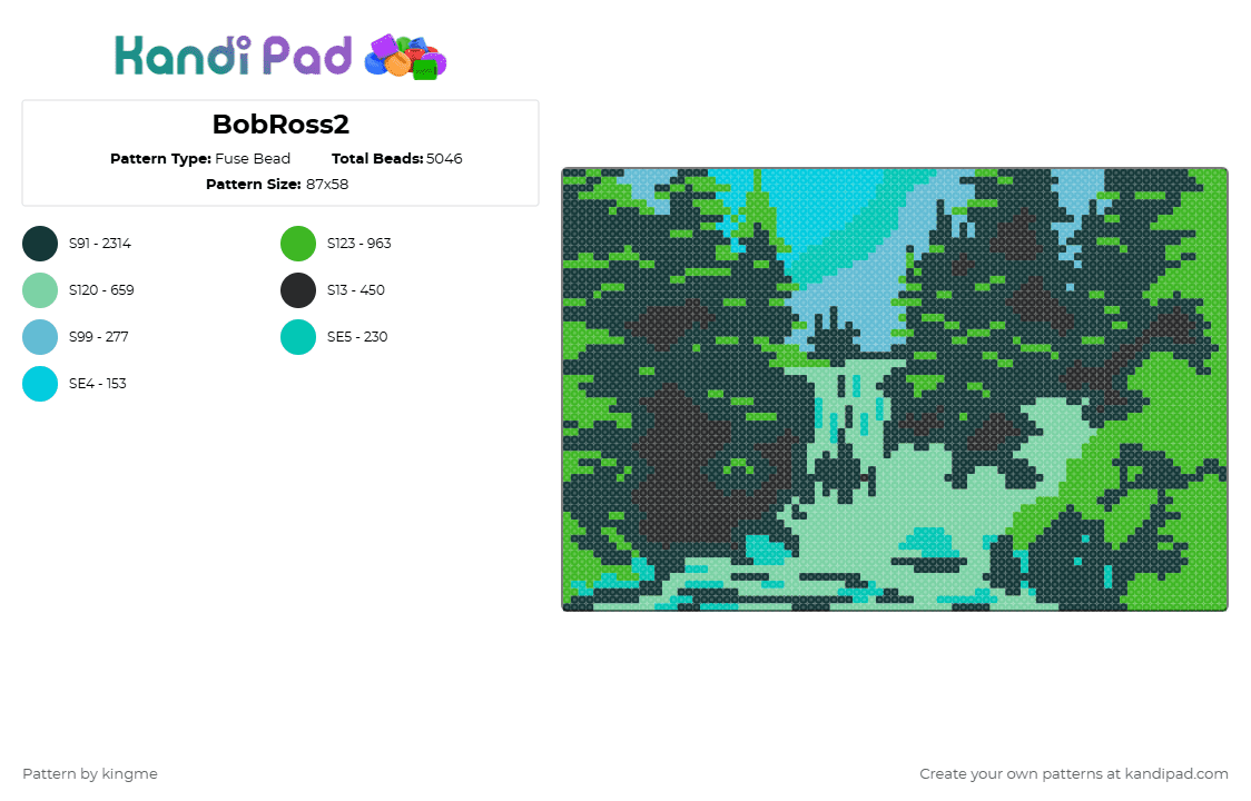 BobRoss2 - Fuse Bead Pattern by kingme on Kandi Pad - black,green,teal,bobross,portrait,nature,scenery,forest,canvas,art