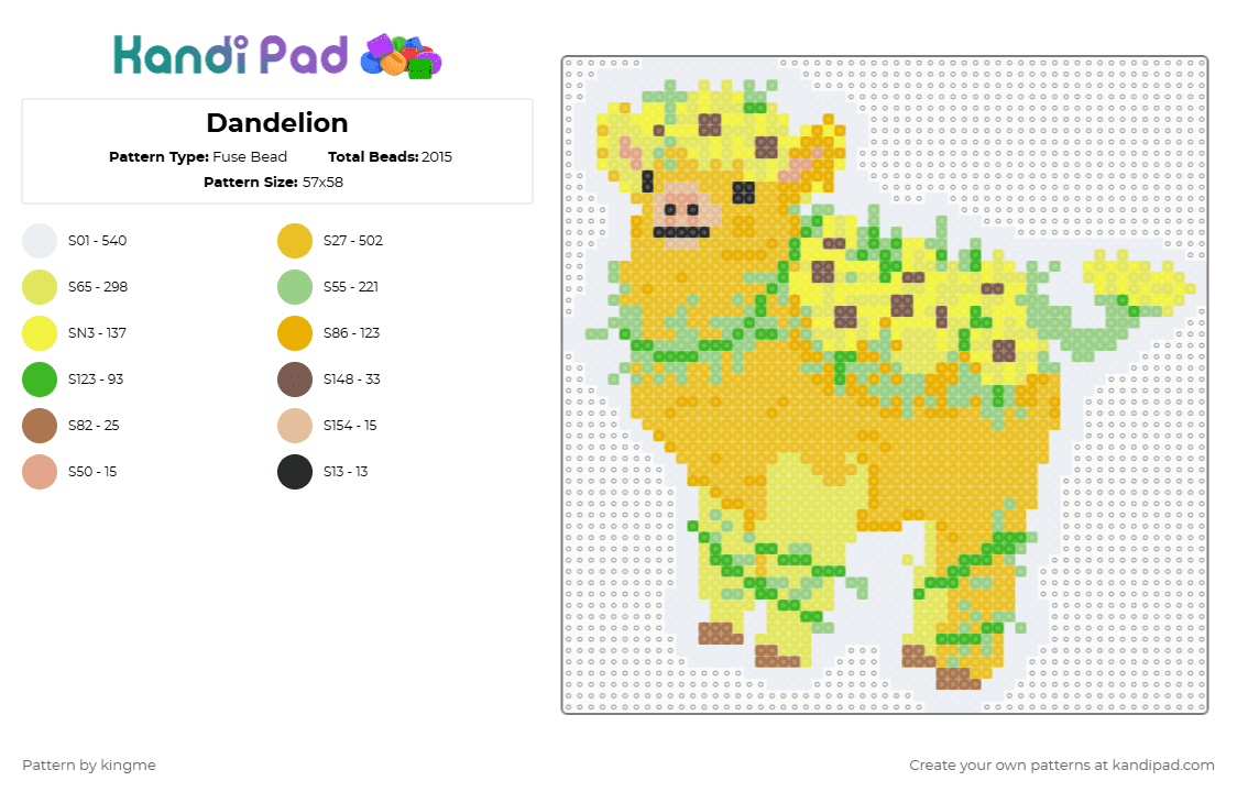 Dandelion - Fuse Bead Pattern by kingme on Kandi Pad - yellow,cow,cute,nature,farm,flower,animal,nova,sticker