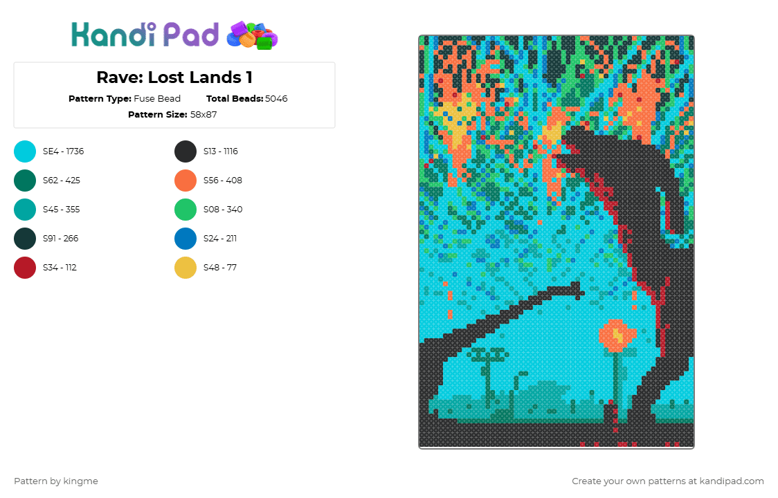Rave: Lost Lands 1 - Fuse Bead Pattern by kingme on Kandi Pad - light blue,teal,rave,dinosaur,plur,neon,night,scene,silhouette,music