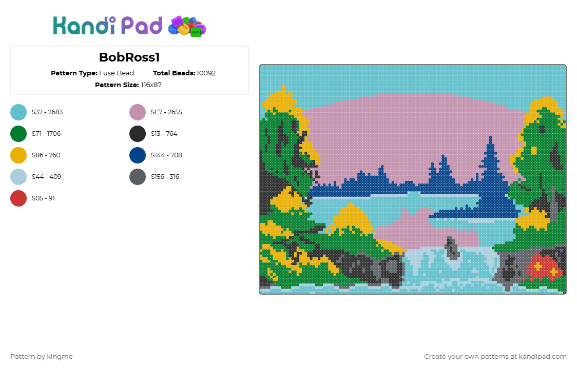 BobRoss1 - Fuse Bead Pattern by kingme on Kandi Pad - teal,green,pink,bobross,nature,portrait,canvas,art,lake