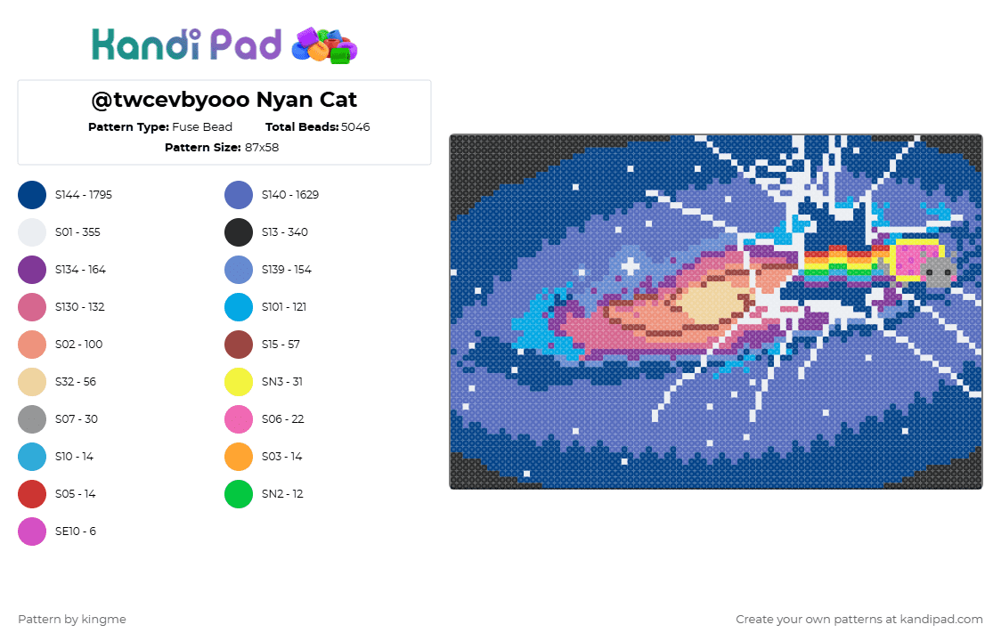 @twcevbyooo Nyan Cat - Fuse Bead Pattern by kingme on Kandi Pad - blue,nyan,rainbow,colorful,space,galaxy,cat,kitty,meme