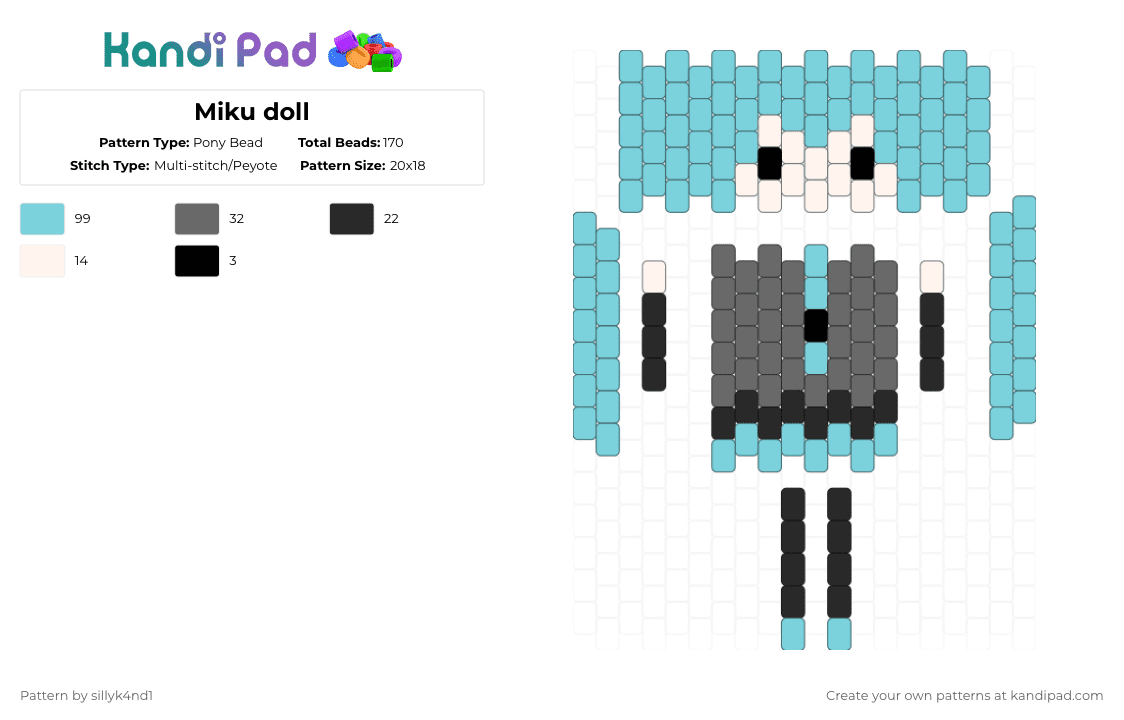 Miku doll - Pony Bead Pattern by sillyk4nd1 on Kandi Pad - light blue