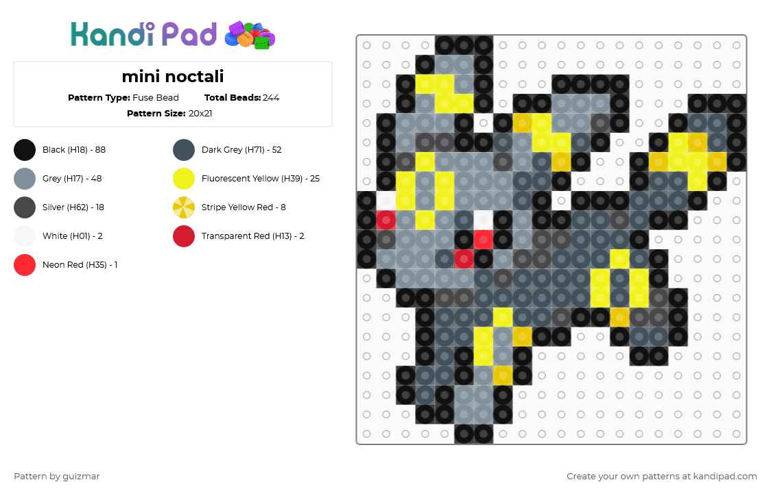 mini noctali - Fuse Bead Pattern by guizmar on Kandi Pad - gray,yellow,purple