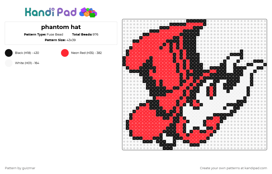phantom hat - Fuse Bead Pattern by guizmar on Kandi Pad - red,white
