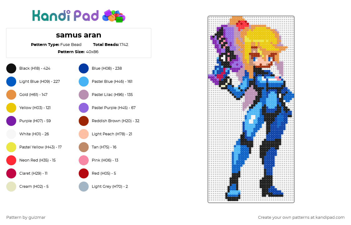 samus aran - Fuse Bead Pattern by guizmar on Kandi Pad - blue,pink,orange,colorful
