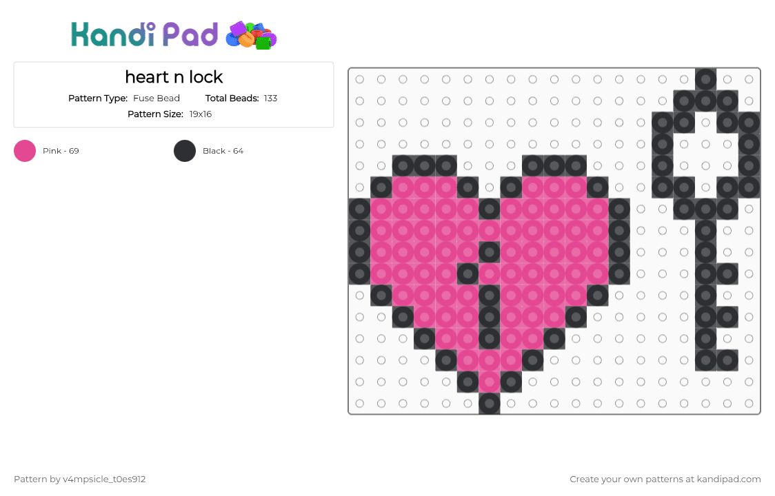 heart n lock - Fuse Bead Pattern by v4mpsicle_t0es912 on Kandi Pad - black,pink