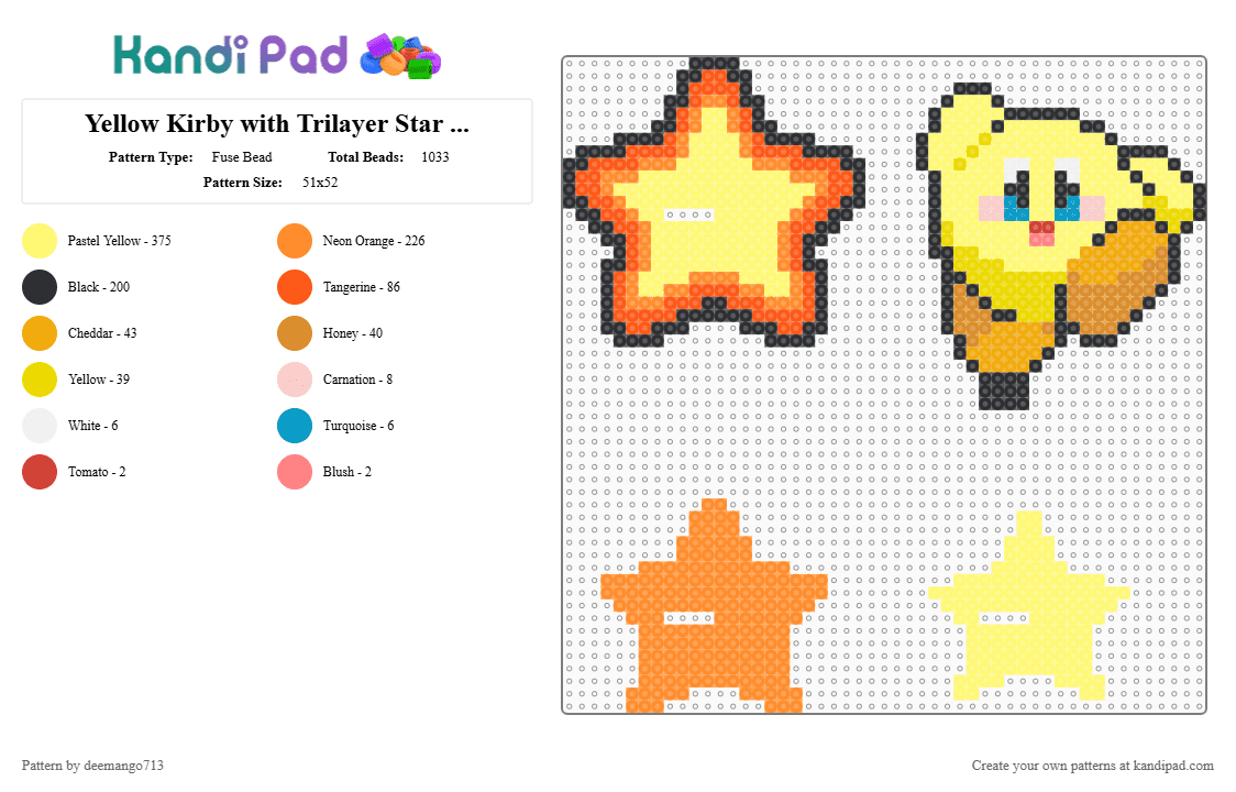 Yellow Kirby with Trilayer Star Stand - Fuse Bead Pattern by deemango713 on Kandi Pad - orange,yellow,kirby,yellow kirby
