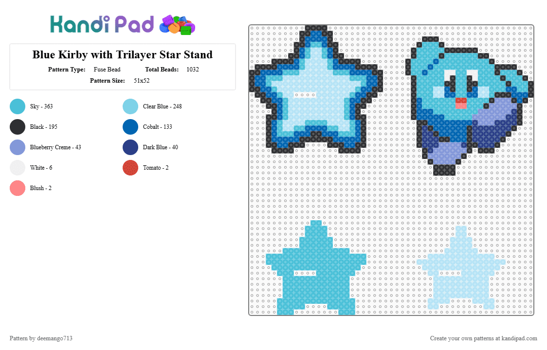 Blue Kirby with Trilayer Star Stand - Fuse Bead Pattern by deemango713 on Kandi Pad - light blue,kirby