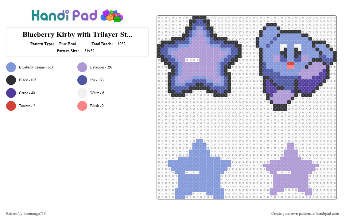 Blueberry Kirby with Trilayer Star Stand - Fuse Bead Pattern by deemango713 on Kandi Pad - blueberry, kirby, light blue, pink, purple kirby