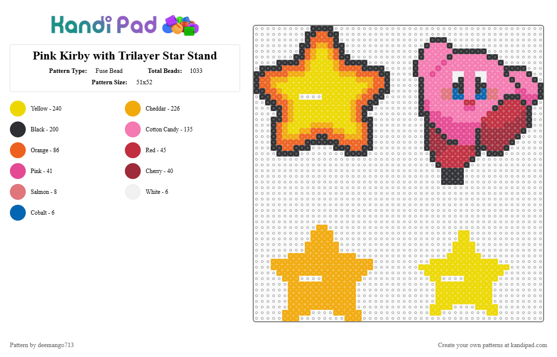 Pink Kirby with Trilayer Star Stand - Fuse Bead Pattern by deemango713 on Kandi Pad - orange,pink,yellow,kirby