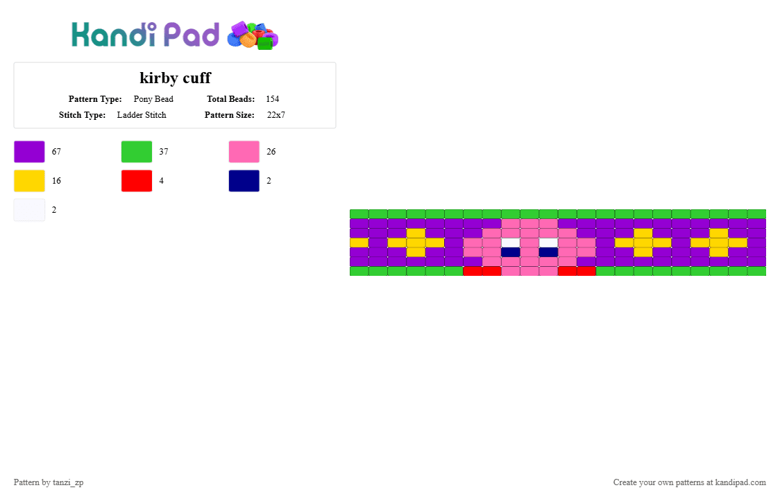 kirby cuff - Pony Bead Pattern by tanzi_zp on Kandi Pad - purple,green