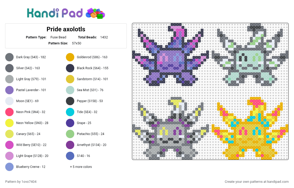 Pride axolotls - Fuse Bead Pattern by 1ovo7404 on Kandi Pad - gray, orange, purple, yellow