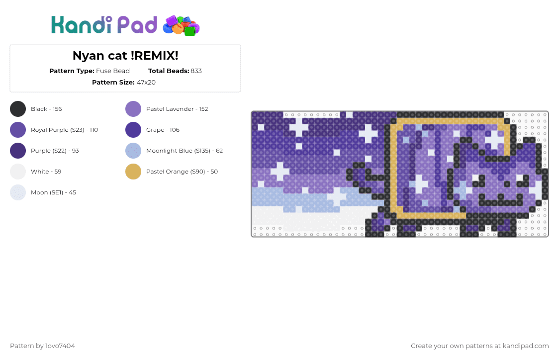 Nyan cat !REMIX! - Fuse Bead Pattern by 1ovo7404 on Kandi Pad - purple,blue