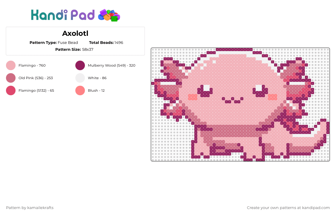 Axolotl - Fuse Bead Pattern by kamailekrafts on Kandi Pad - pink,beige,axolotl,animals,cute,aquatic