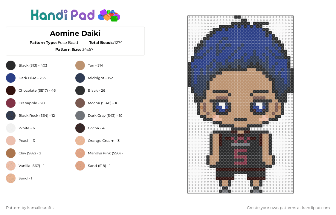 Aomine Daiki - Fuse Bead Pattern by kamailekrafts on Kandi Pad - blue,purple,beige,anime,manga,kuroko