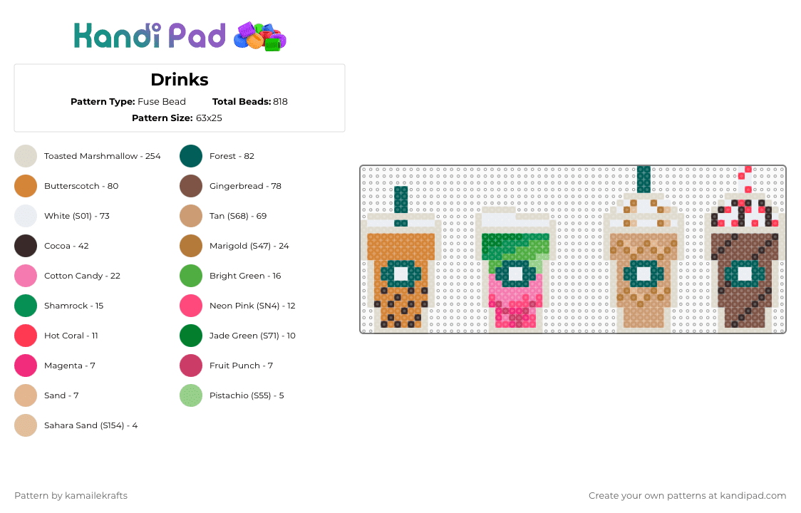 Drinks - Fuse Bead Pattern by kamailekrafts on Kandi Pad - boba tea,strawberry matcha,caramel frappuccino,drink,beverage,food,starbucks,beige,gray,tan,orange