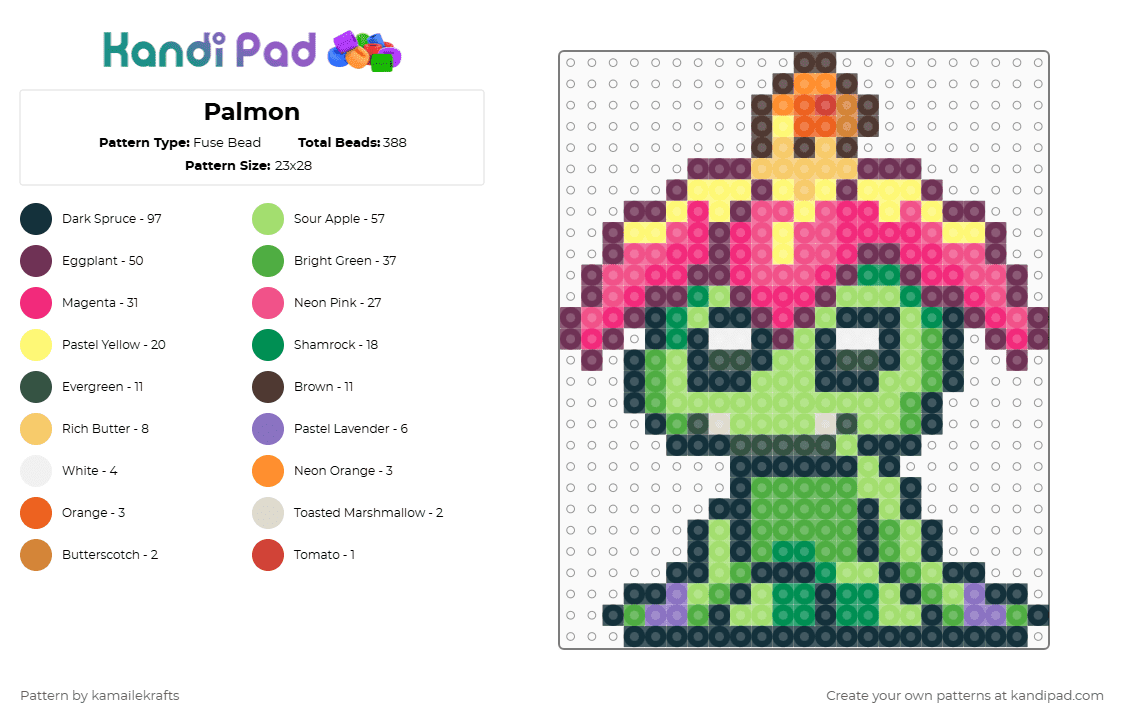 Palmon - Fuse Bead Pattern by kamailekrafts on Kandi Pad - pink,green,yellow,digimon
