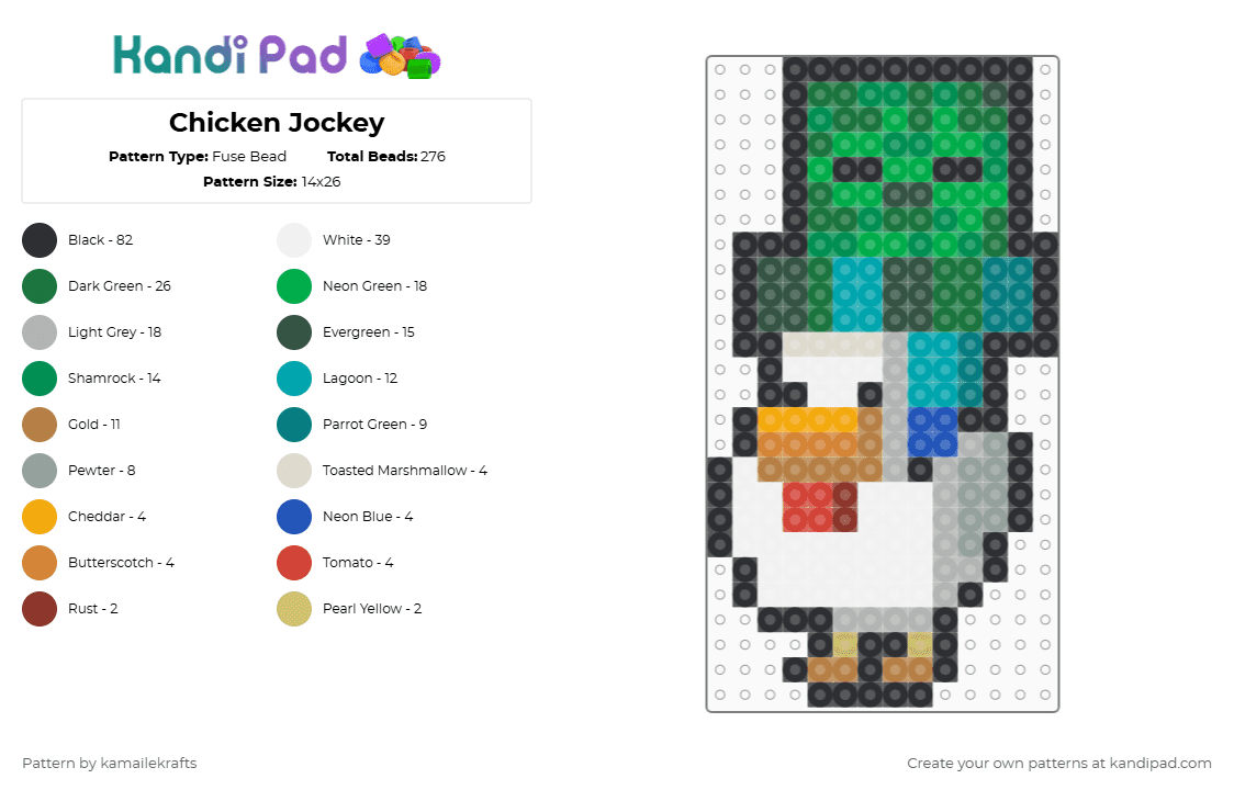 Chicken Jockey - Fuse Bead Pattern by kamailekrafts on Kandi Pad - green,gray,teal,beige,minecraft,gaming
