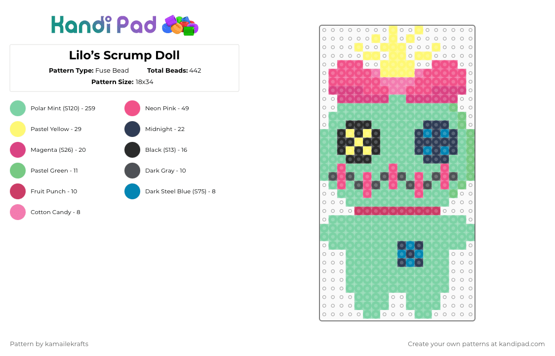 Lilo’s Scrump Doll - Fuse Bead Pattern by kamailekrafts on Kandi Pad - pink,teal,lilo,stitch,scrump,disney