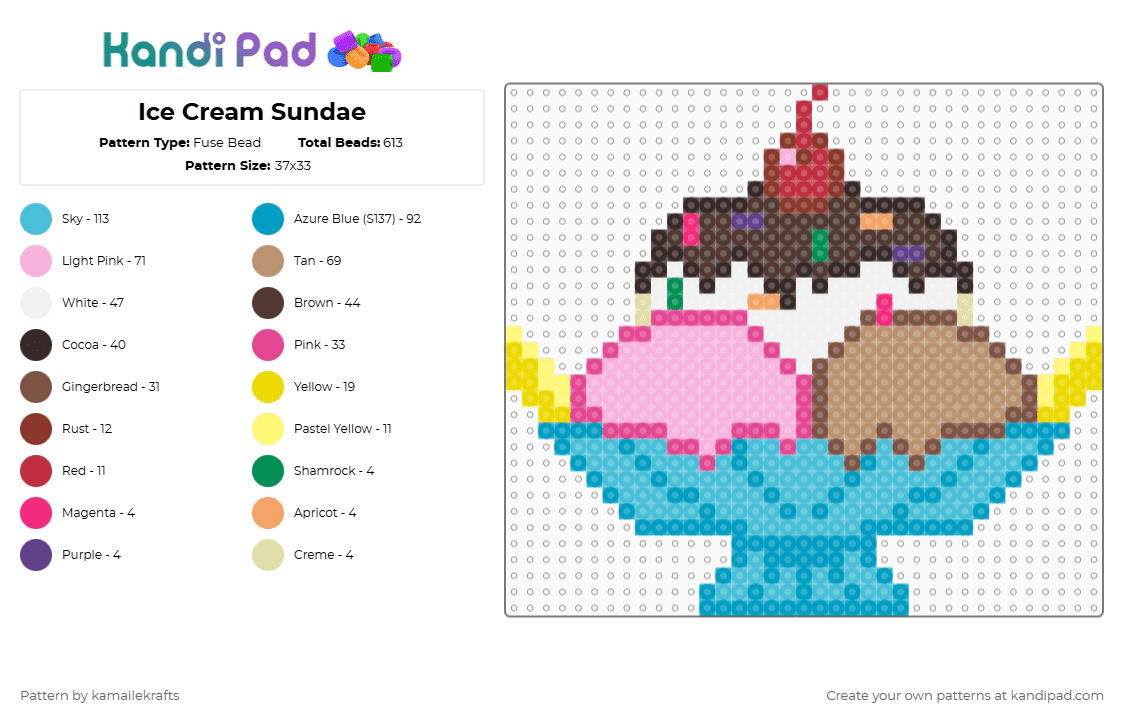 Ice Cream Sundae - Fuse Bead Pattern by kamailekrafts on Kandi Pad - light blue,pink,brown,beige,food,icecream