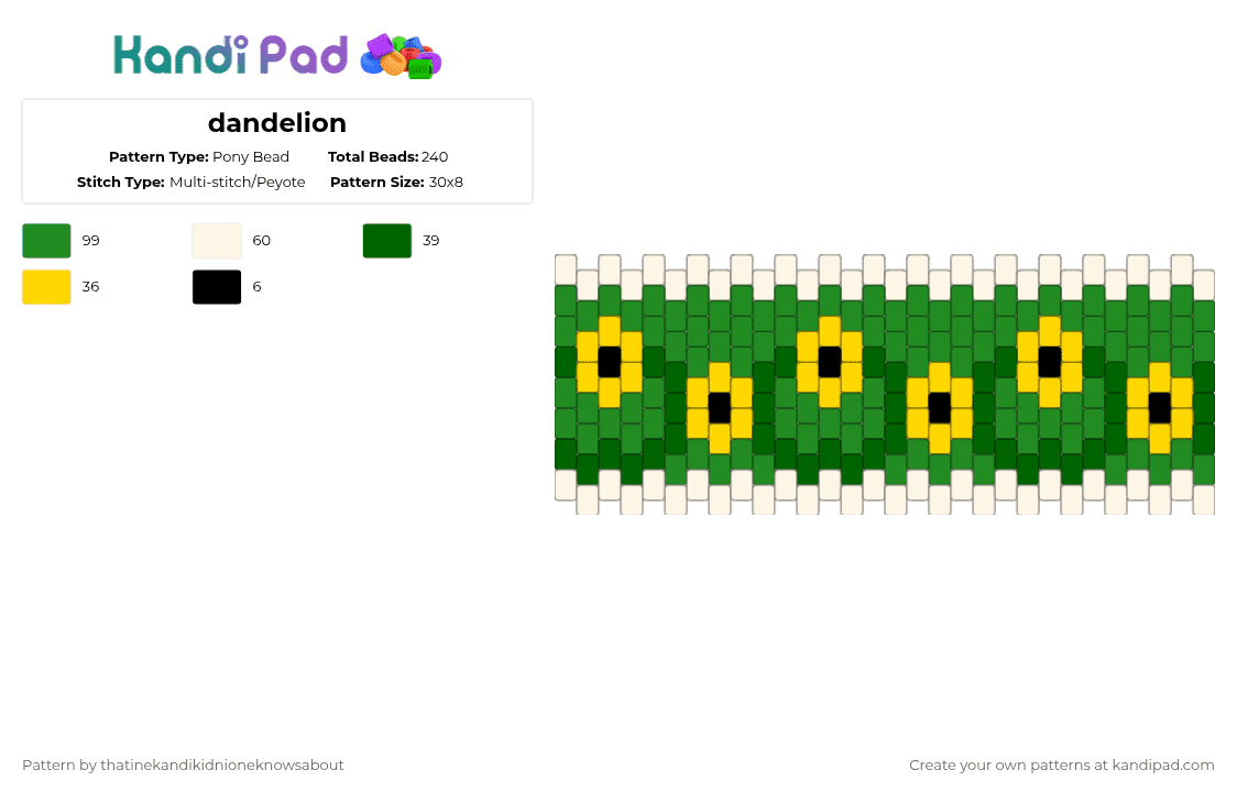 dandelion - Pony Bead Pattern by thatinekandikidnioneknowsabout on Kandi Pad - green