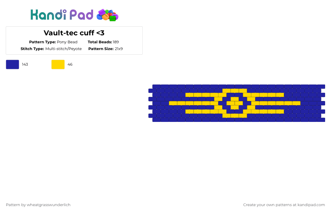 Vault-tec cuff - Pony Bead Pattern by wheatgrasswunderlich on Kandi Pad - purple,fallout,vaulttec,vault,blue,yellow