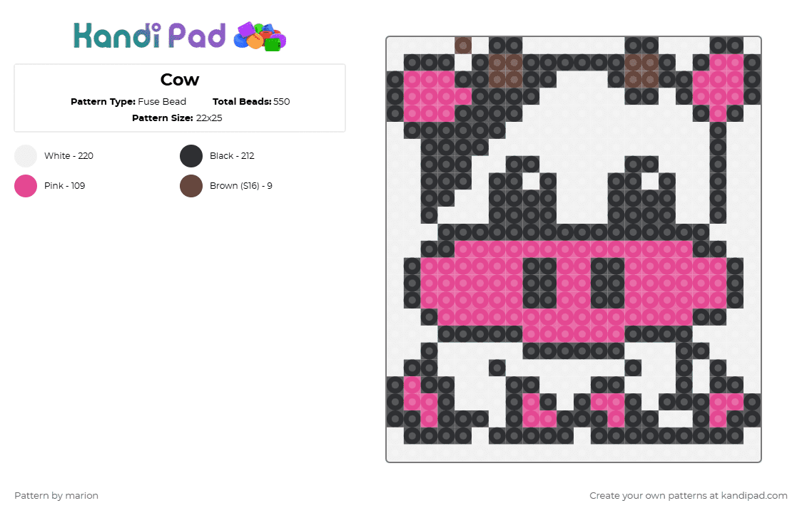 Cow - Fuse Bead Pattern by marion on Kandi Pad - white,pink