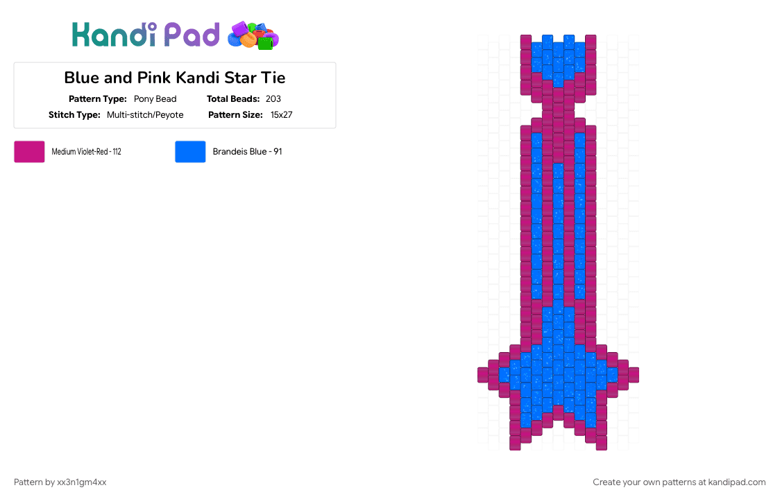 Blue and Pink Kandi Star Tie - Pony Bead Pattern by xx3n1gm4xx on Kandi Pad - blue, pink