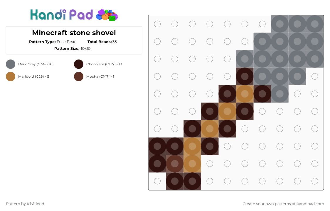 Minecraft stone shovel - Fuse Bead Pattern by tdsfriend on Kandi Pad - gray,brown,minecraft,stone,dirt digger,shovel,gaming