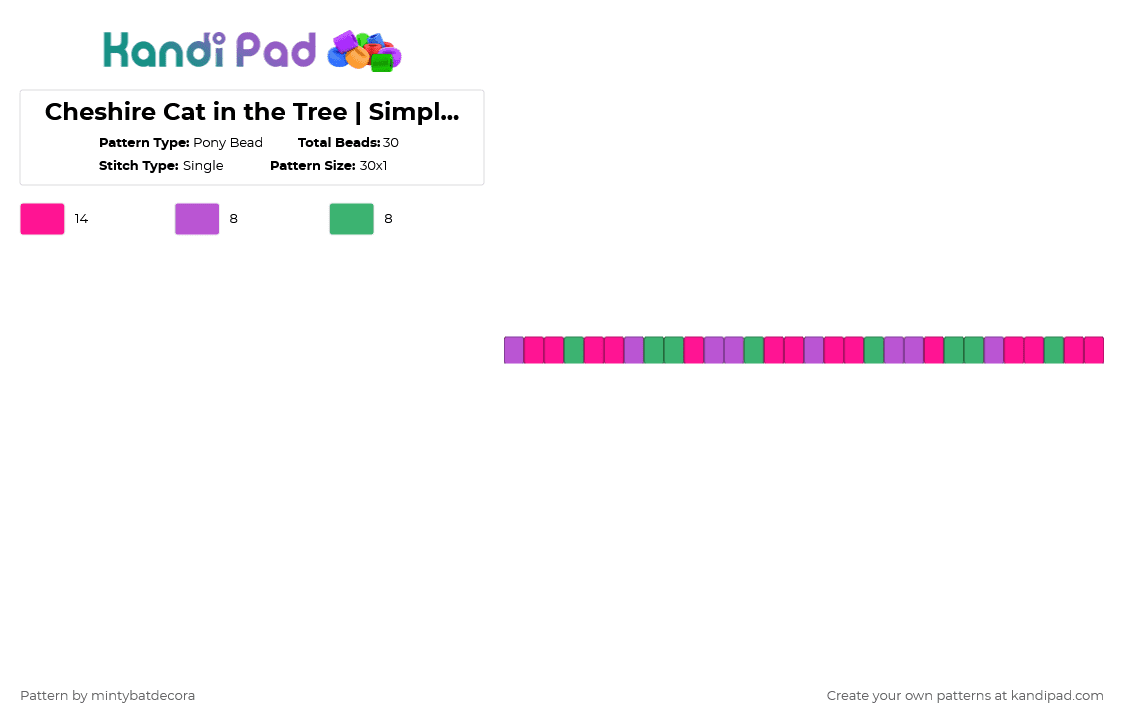 Cheshire Cat in the Tree | Simple 1 Strand Kandi - Pony Bead Pattern by mintybatdecora on Kandi Pad - abstract, alice in wonderland, cheshire cat, green, pink, purple, single strand
