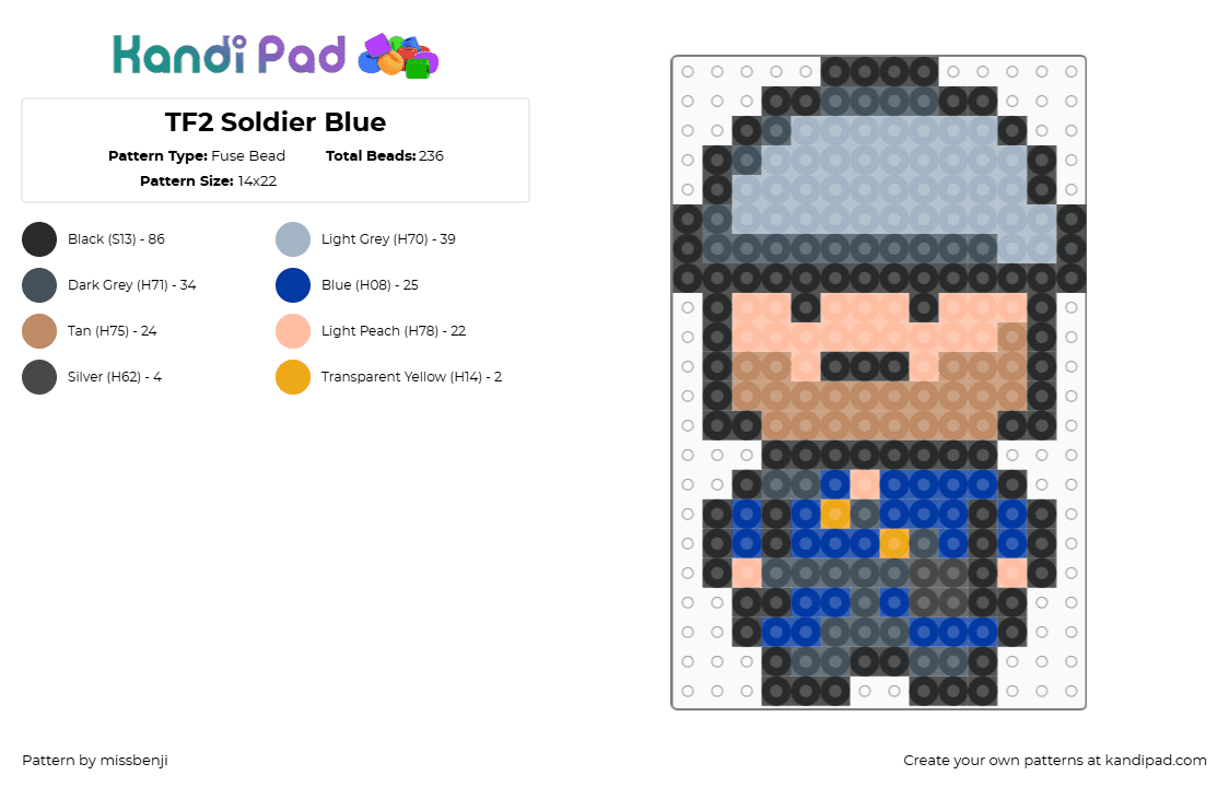 TF2 Soldier Blue - Fuse Bead Pattern by missbenji on Kandi Pad - soldier,tf2,team fortress,character,video game,blue,gray,tan