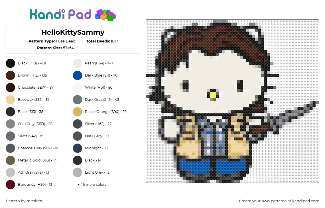 HelloKittySammy - Fuse Bead Pattern by missbenji on Kandi Pad - hello kitty,sam,supernatural,mashup,character,sanrio,tv show,white,tan,brown