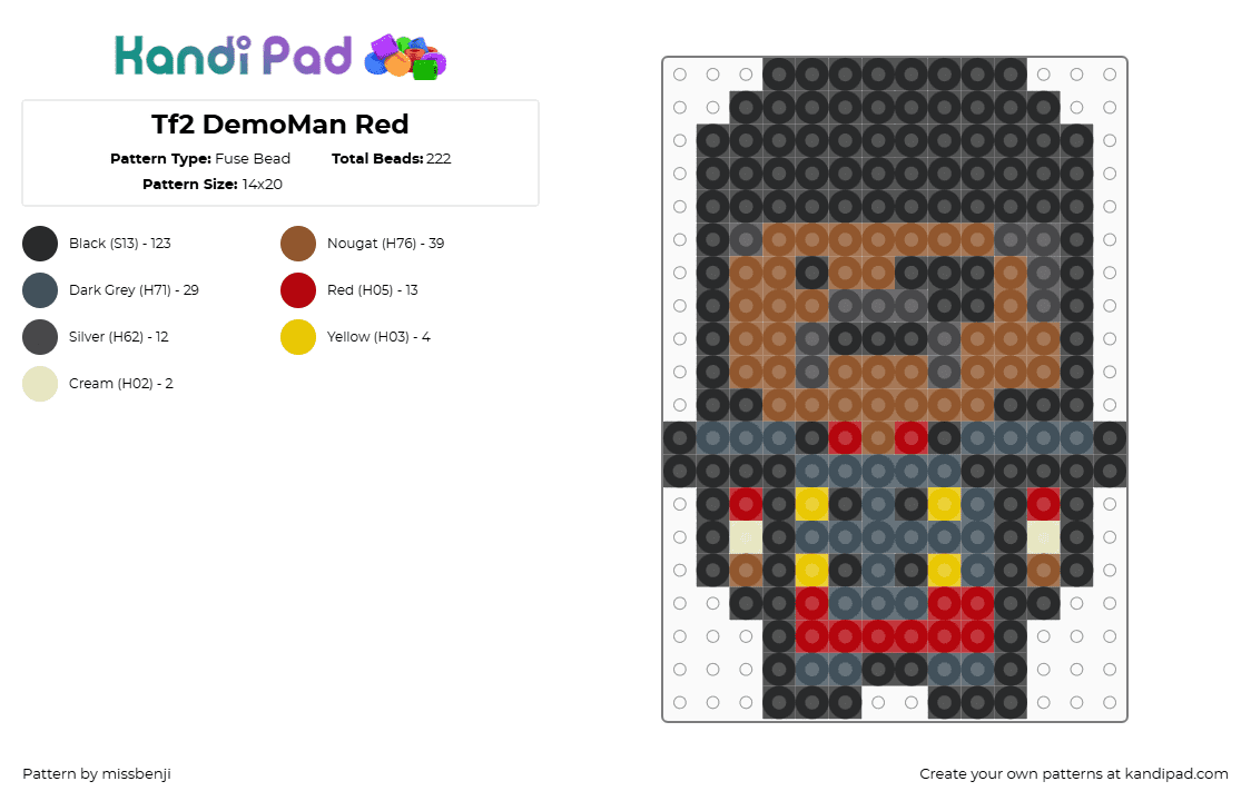 Tf2 DemoMan Red - Fuse Bead Pattern by missbenji on Kandi Pad - demolition,tf2,team fortress,character,chibi,video game,red,brown,black