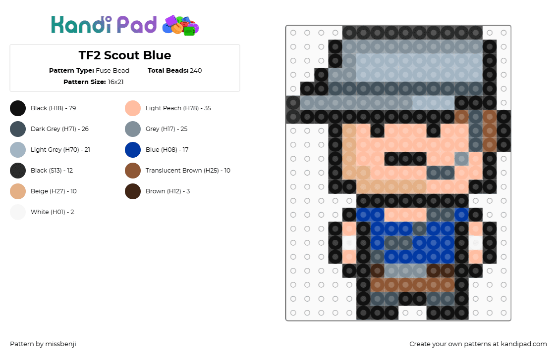 TF2 Scout Blue - Fuse Bead Pattern by missbenji on Kandi Pad - scout,tf2,team fortress,character,chibi,video game,blue,gray,tan