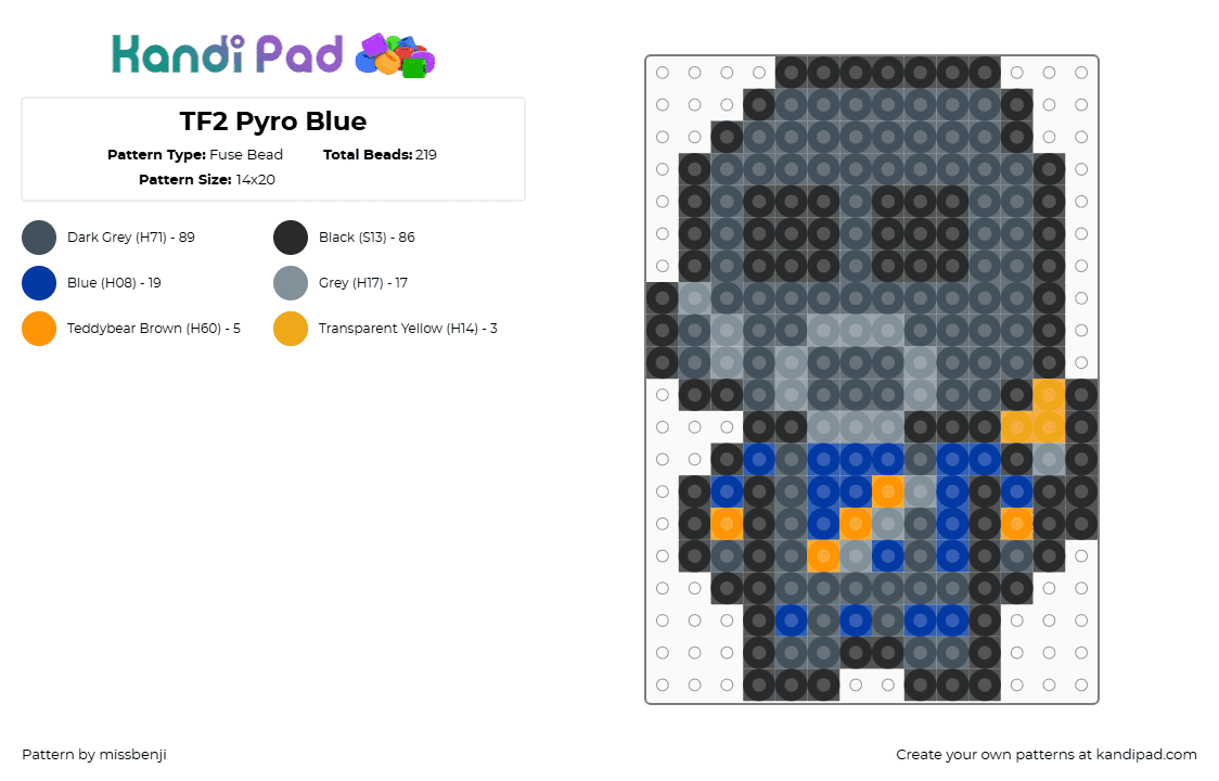 TF2 Pyro Blue - Fuse Bead Pattern by missbenji on Kandi Pad - pyro,tf2,team fortress,character,video game,blue,gray,black