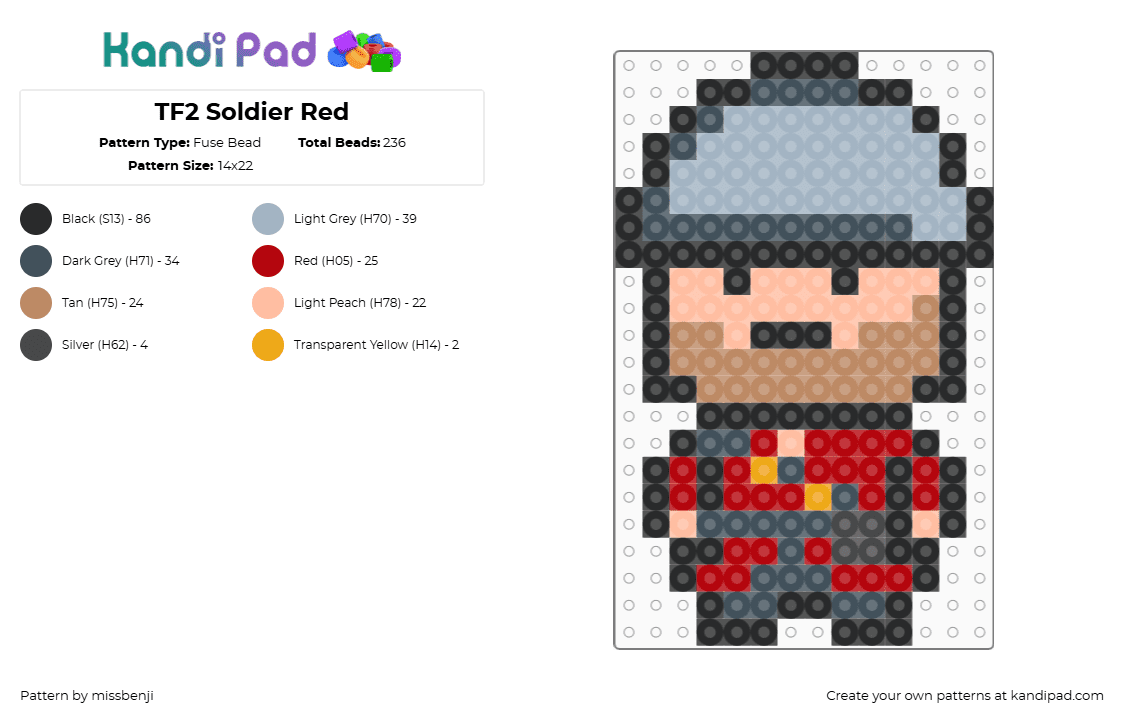 TF2 Soldier Red - Fuse Bead Pattern by missbenji on Kandi Pad - soldier,tf2,team fortress,character,video game,red,gray,tan