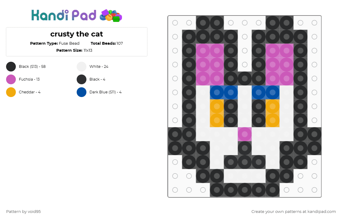 crusty the cat - Fuse Bead Pattern by void95 on Kandi Pad - black,white,pink