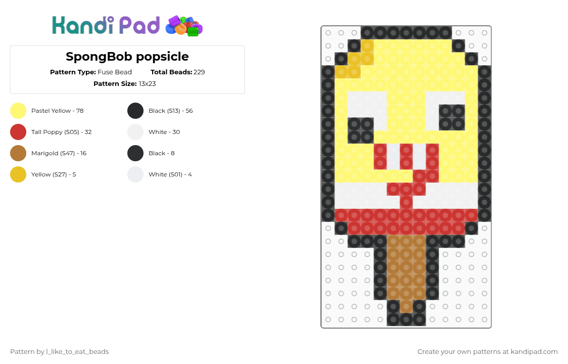 SpongBob popsicle - Fuse Bead Pattern by l_like_to_eat_beads on Kandi Pad - yellow,spongebob,popsicle,simple