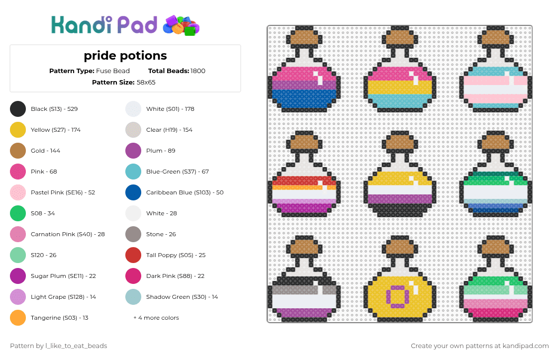 pride potions - Fuse Bead Pattern by l_like_to_eat_beads on Kandi Pad - pink,yellow,teal,colorful,pride,easy,queer,love,magic