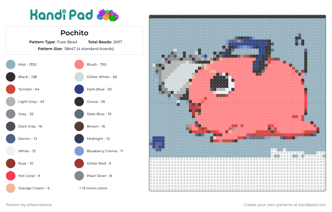 Pochito - Fuse Bead Pattern by elliannalewis on Kandi Pad - pochito,chainsaw man,vibrant,playful,beloved character,unique,pink,light blue