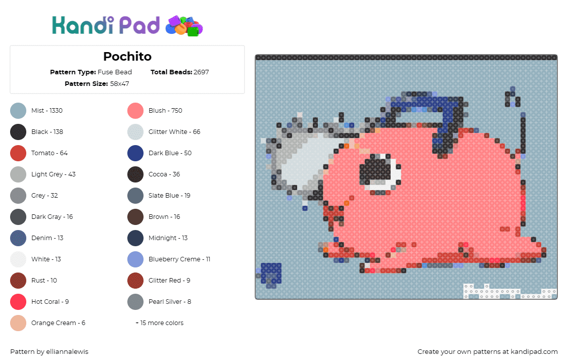 Pochito - Fuse Bead Pattern by elliannalewis on Kandi Pad - pochito,chainsaw man,vibrant,playful,beloved character,pink,light blue