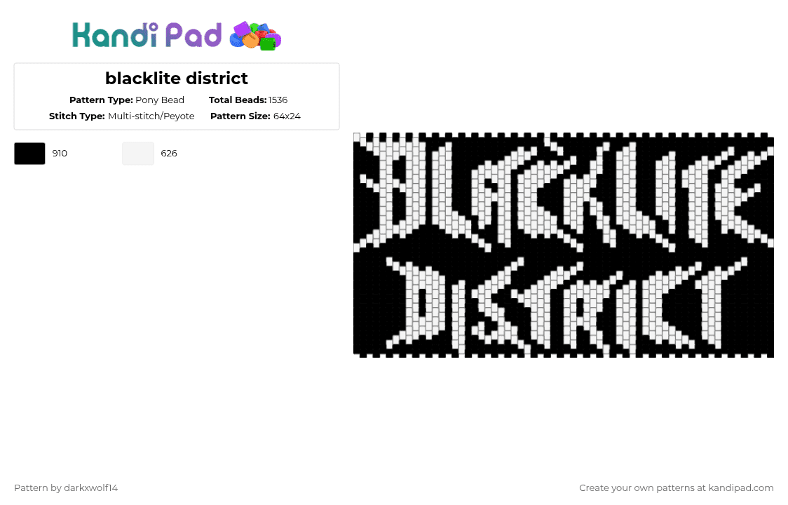 blacklite district - Pony Bead Pattern by darkxwolf14 on Kandi Pad - white,black