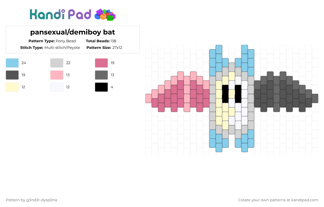 pansexual/demiboy bat - Pony Bead Pattern by 3nn3r-4ft0n on Kandi Pad - pink,gray,light blue