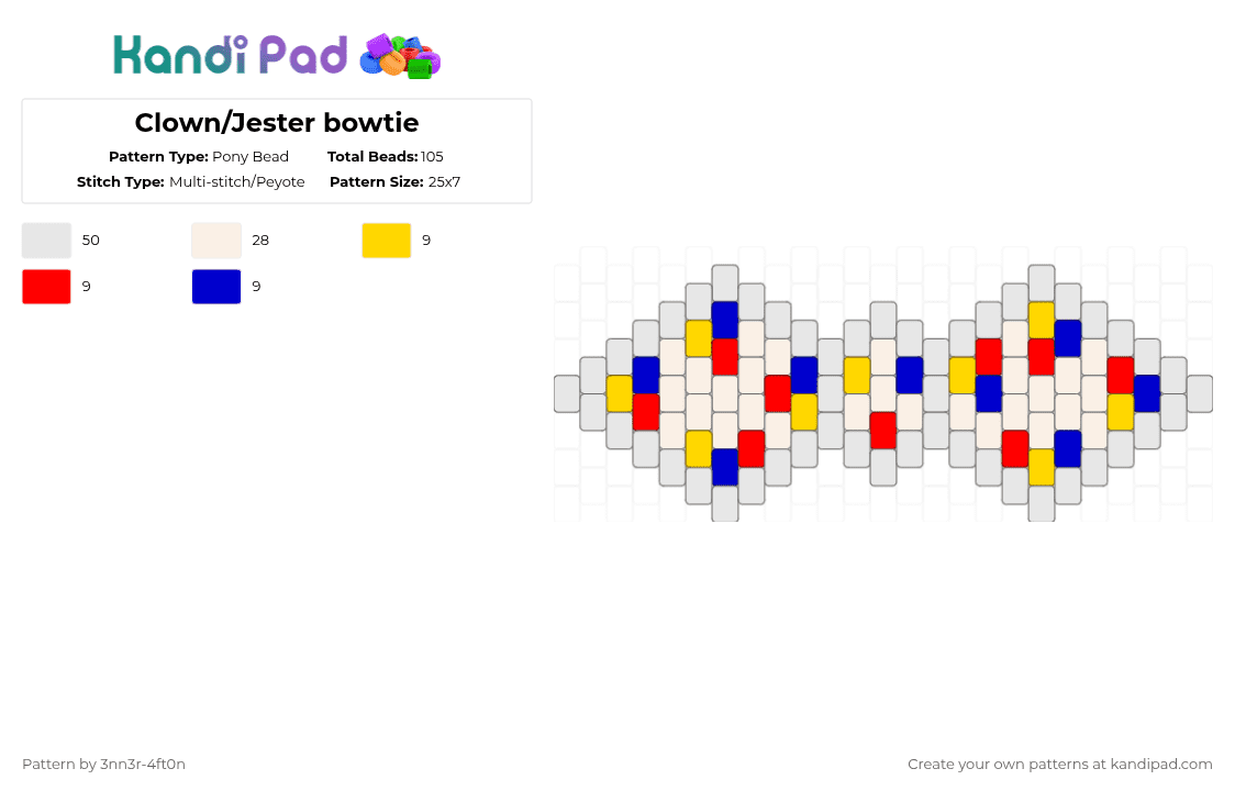 Clown/Jester bowtie - Pony Bead Pattern by 3nn3r-4ft0n on Kandi Pad - white,yellow,red,purple,multicolored,clown,jester